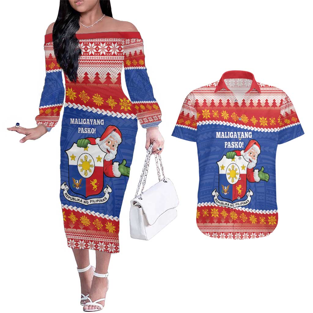 Personalized The Philippines Christmas Couples Matching Off The Shoulder Long Sleeve Dress and Hawaiian Shirt Pilipinas Parol - Maligayang Pasko! LT14 Blue - Polynesian Pride
