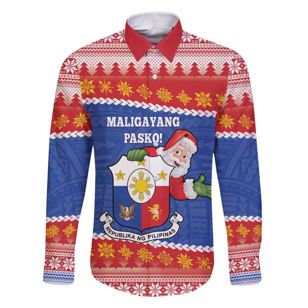 Personalized The Philippines Christmas Family Matching Long Sleeve Bodycon Dress and Hawaiian Shirt Pilipinas Parol - Maligayang Pasko! LT14 Dad's Shirt - Long Sleeve Blue - Polynesian Pride