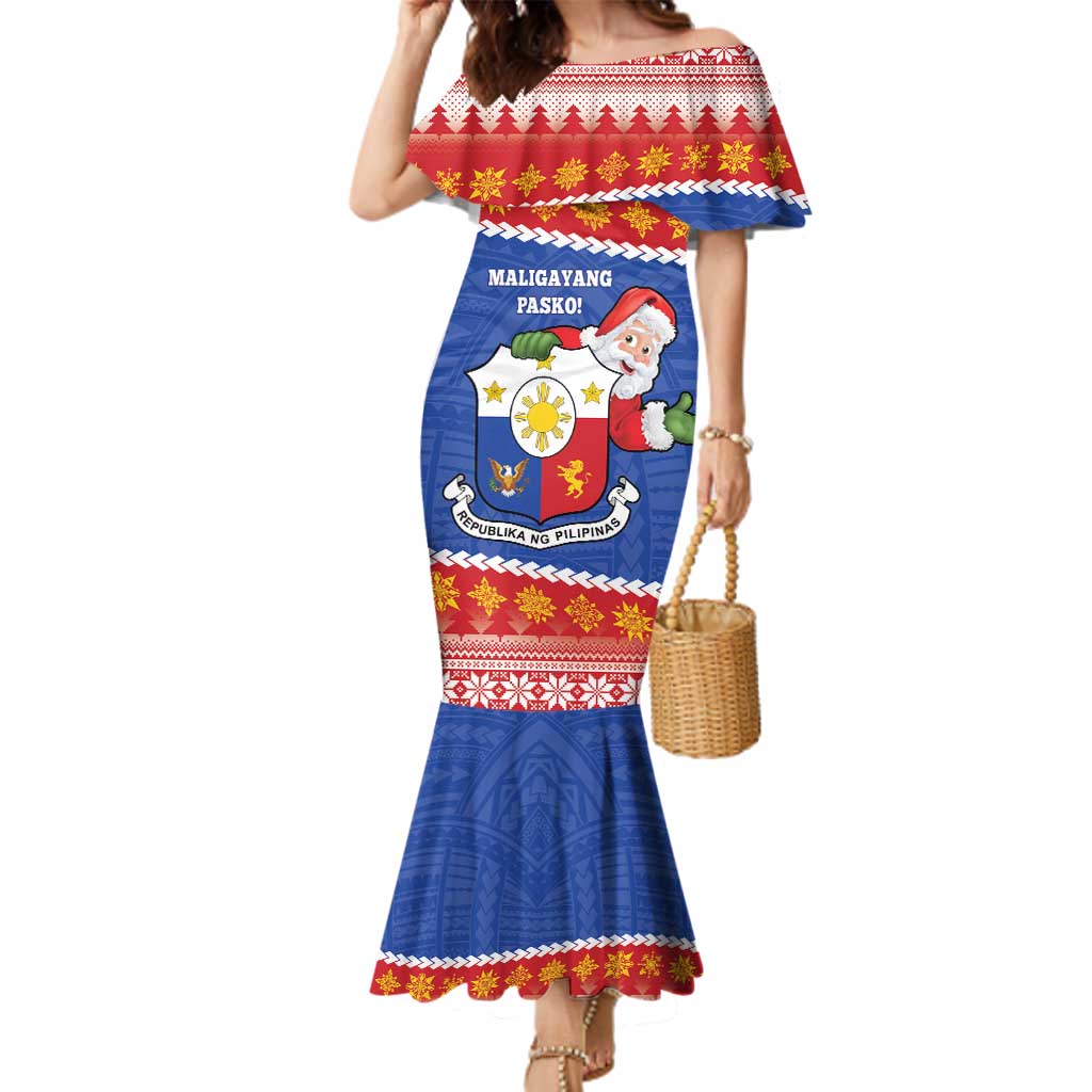 Personalized The Philippines Christmas Family Matching Mermaid Dress and Hawaiian Shirt Pilipinas Parol - Maligayang Pasko! LT14 Mom's Dress Blue - Polynesian Pride