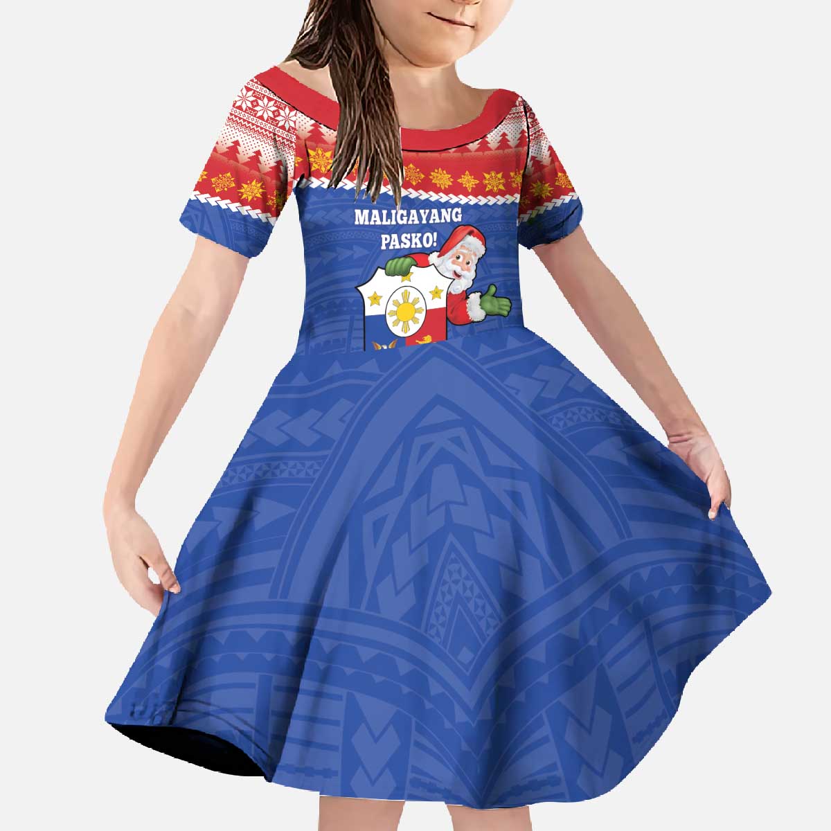 Personalized The Philippines Christmas Family Matching Off The Shoulder Long Sleeve Dress and Hawaiian Shirt Pilipinas Parol - Maligayang Pasko! LT14 Daughter's Dress Blue - Polynesian Pride