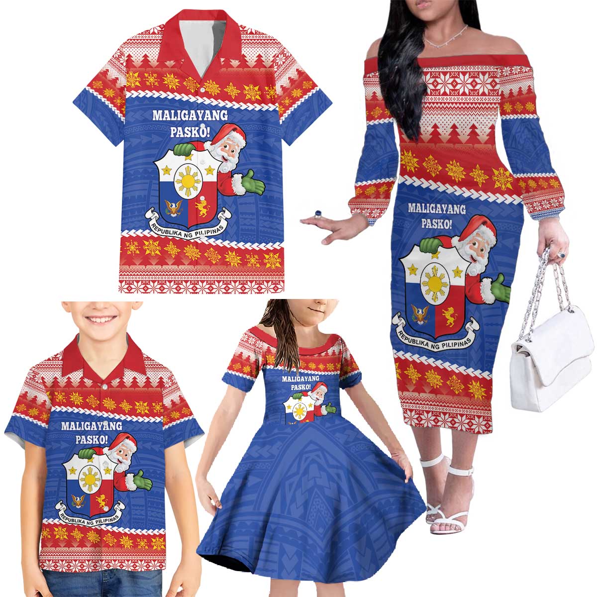Personalized The Philippines Christmas Family Matching Off The Shoulder Long Sleeve Dress and Hawaiian Shirt Pilipinas Parol - Maligayang Pasko! LT14 - Polynesian Pride