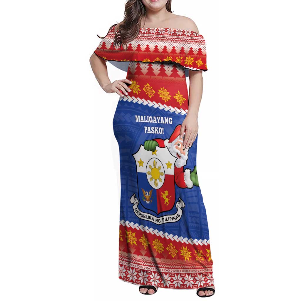 Personalized The Philippines Christmas Family Matching Off Shoulder Maxi Dress and Hawaiian Shirt Pilipinas Parol - Maligayang Pasko! LT14 Mom's Dress Blue - Polynesian Pride