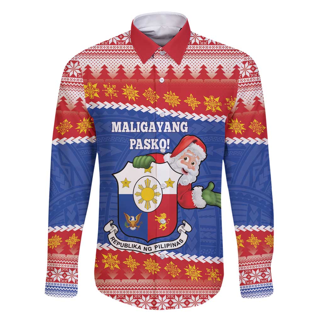Personalized The Philippines Christmas Family Matching Puletasi and Hawaiian Shirt Pilipinas Parol - Maligayang Pasko! LT14 Dad's Shirt - Long Sleeve Blue - Polynesian Pride