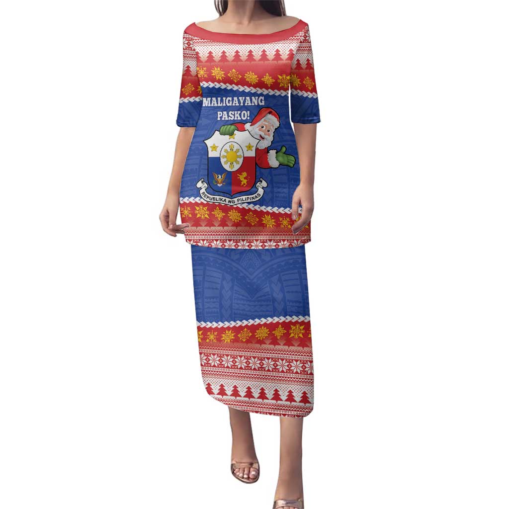 Personalized The Philippines Christmas Family Matching Puletasi and Hawaiian Shirt Pilipinas Parol - Maligayang Pasko! LT14 Mom's Dress Blue - Polynesian Pride