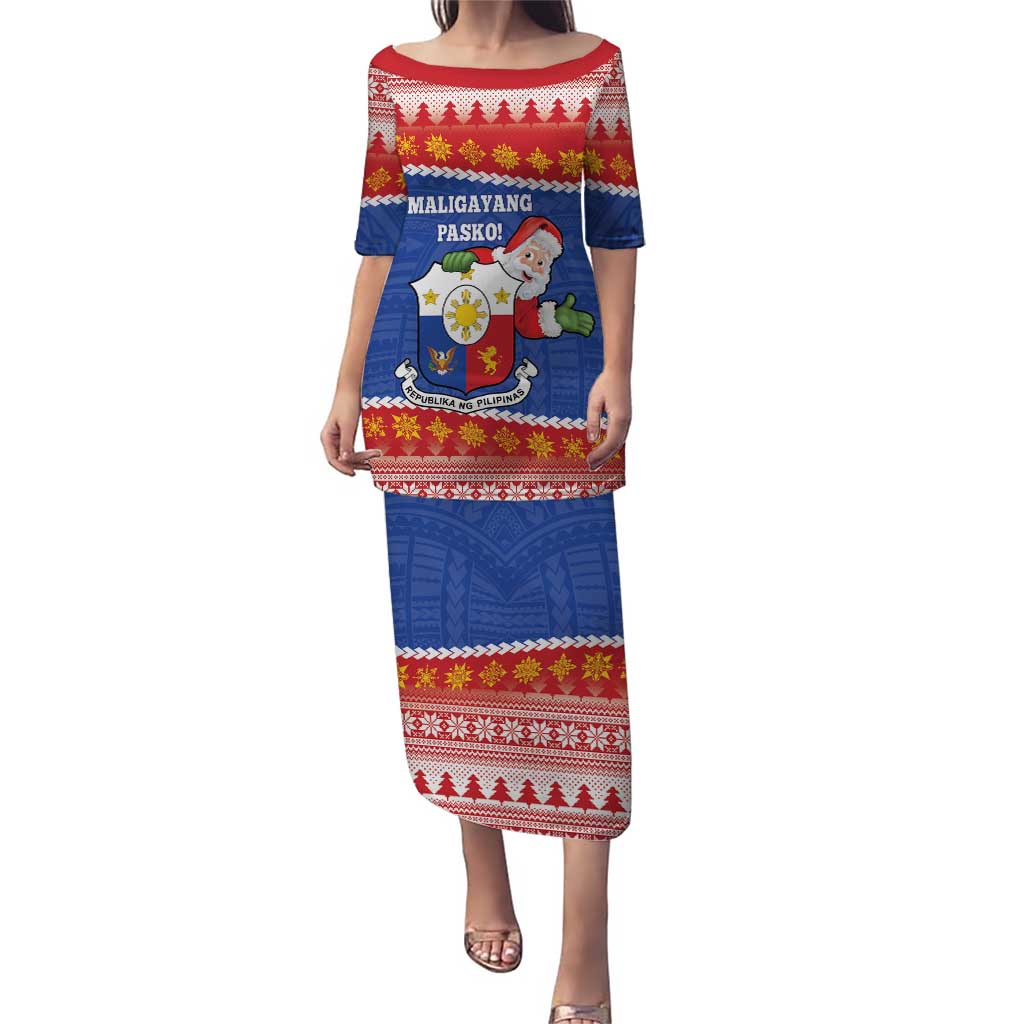 Personalized The Philippines Christmas Puletasi Pilipinas Parol - Maligayang Pasko! LT14 Long Dress Blue - Polynesian Pride