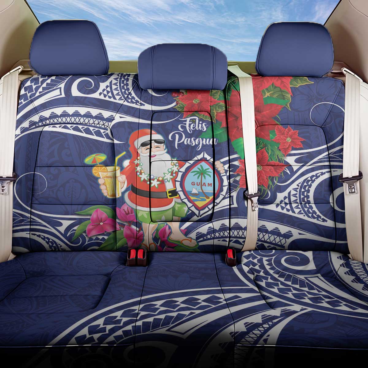 Guam Christmas Back Car Seat Cover Poinsettia With Bougainvillea - Felis Pasgua! LT14 One Size Blue - Polynesian Pride