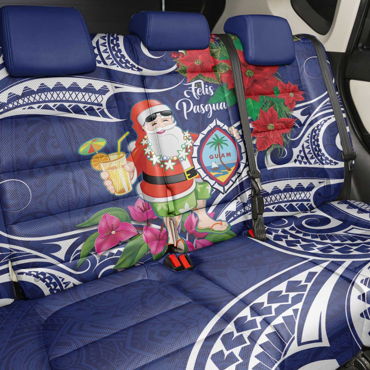 Guam Christmas Back Car Seat Cover Poinsettia With Bougainvillea - Felis Pasgua! LT14 - Polynesian Pride