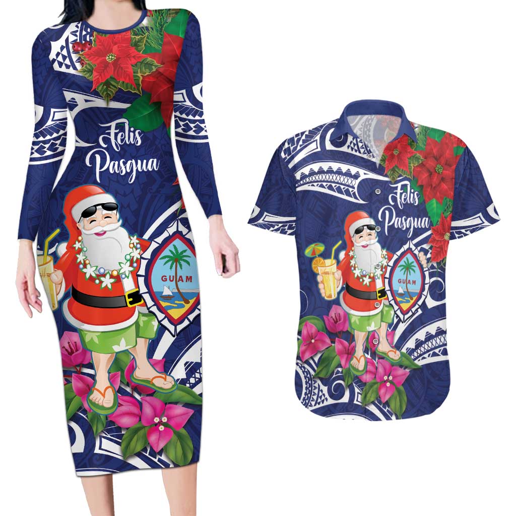 Guam Christmas Couples Matching Long Sleeve Bodycon Dress and Hawaiian Shirt Poinsettia With Bougainvillea - Felis Pasgua! LT14 Blue - Polynesian Pride