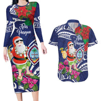 Guam Christmas Couples Matching Long Sleeve Bodycon Dress and Hawaiian Shirt Poinsettia With Bougainvillea - Felis Pasgua! LT14 Blue - Polynesian Pride