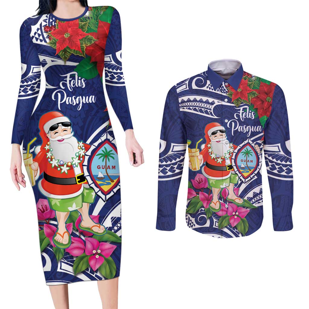 Guam Christmas Couples Matching Long Sleeve Bodycon Dress and Long Sleeve Button Shirt Poinsettia With Bougainvillea - Felis Pasgua! LT14 Blue - Polynesian Pride