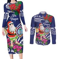 Guam Christmas Couples Matching Long Sleeve Bodycon Dress and Long Sleeve Button Shirt Poinsettia With Bougainvillea - Felis Pasgua! LT14 Blue - Polynesian Pride