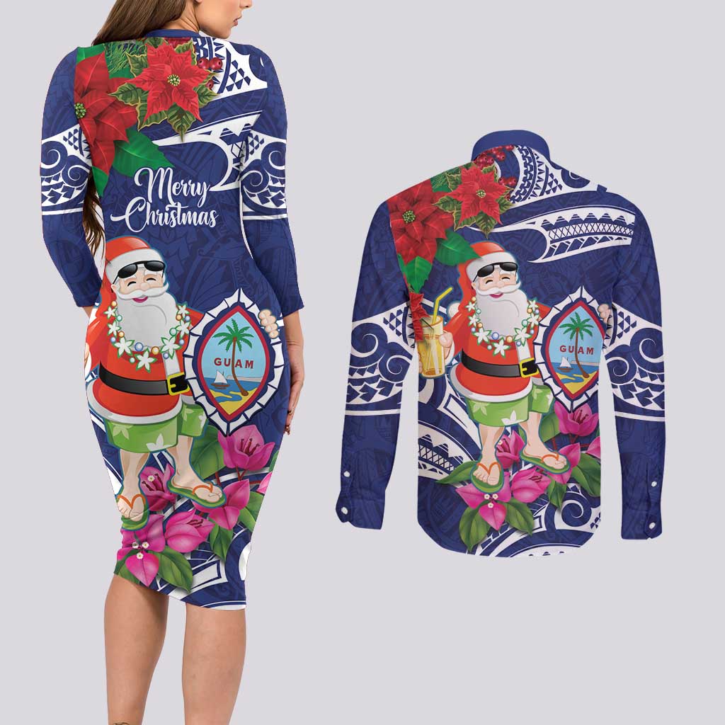 Guam Christmas Couples Matching Long Sleeve Bodycon Dress and Long Sleeve Button Shirt Poinsettia With Bougainvillea - Felis Pasgua! LT14 - Polynesian Pride