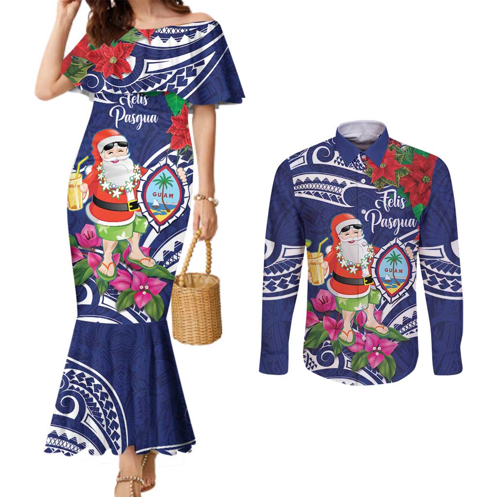Guam Christmas Couples Matching Mermaid Dress and Long Sleeve Button Shirt Poinsettia With Bougainvillea - Felis Pasgua! LT14 Blue - Polynesian Pride
