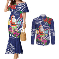 Guam Christmas Couples Matching Mermaid Dress and Long Sleeve Button Shirt Poinsettia With Bougainvillea - Felis Pasgua! LT14 Blue - Polynesian Pride