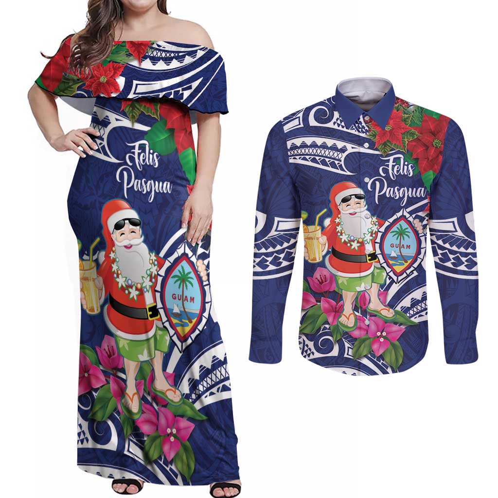 Guam Christmas Couples Matching Off Shoulder Maxi Dress and Long Sleeve Button Shirt Poinsettia With Bougainvillea - Felis Pasgua! LT14 Blue - Polynesian Pride