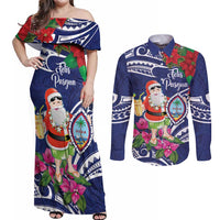 Guam Christmas Couples Matching Off Shoulder Maxi Dress and Long Sleeve Button Shirt Poinsettia With Bougainvillea - Felis Pasgua! LT14 Blue - Polynesian Pride