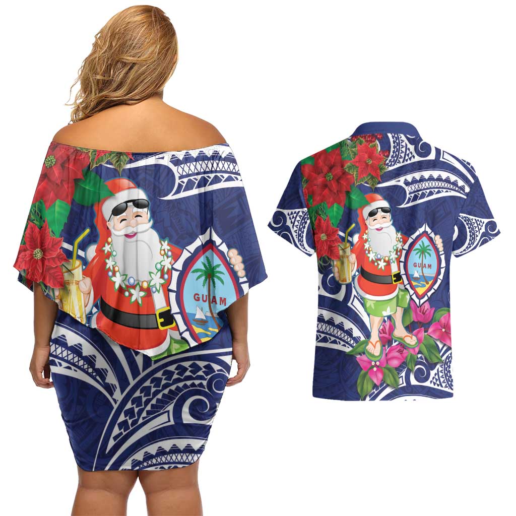 Guam Christmas Couples Matching Off Shoulder Short Dress and Hawaiian Shirt Poinsettia With Bougainvillea - Felis Pasgua! LT14 - Polynesian Pride
