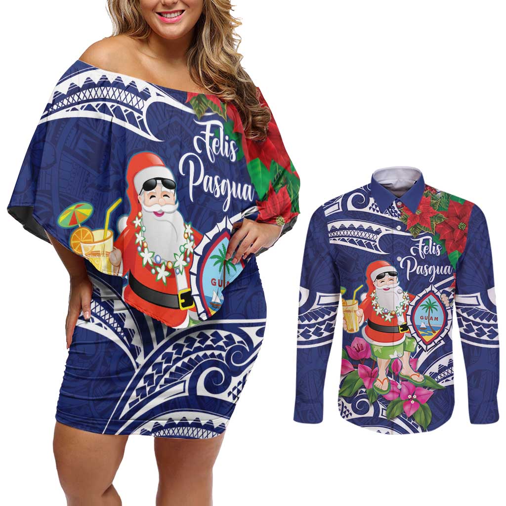 Guam Christmas Couples Matching Off Shoulder Short Dress and Long Sleeve Button Shirt Poinsettia With Bougainvillea - Felis Pasgua! LT14 Blue - Polynesian Pride