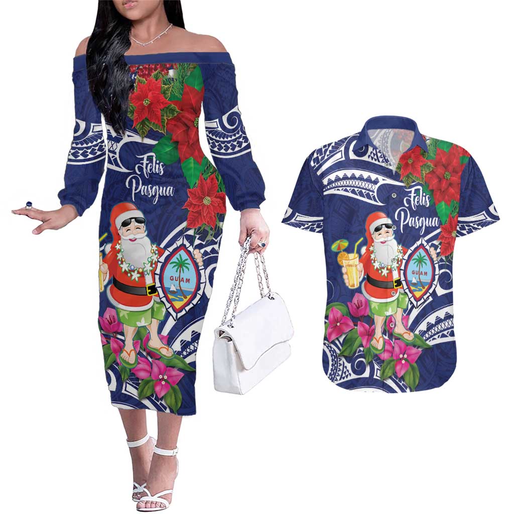 Guam Christmas Couples Matching Off The Shoulder Long Sleeve Dress and Hawaiian Shirt Poinsettia With Bougainvillea - Felis Pasgua! LT14 Blue - Polynesian Pride