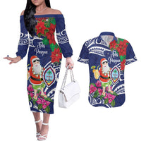 Guam Christmas Couples Matching Off The Shoulder Long Sleeve Dress and Hawaiian Shirt Poinsettia With Bougainvillea - Felis Pasgua! LT14 Blue - Polynesian Pride