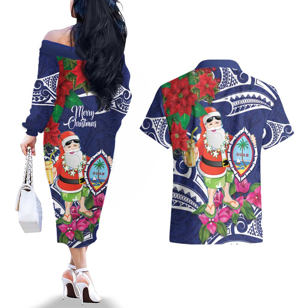 Guam Christmas Couples Matching Off The Shoulder Long Sleeve Dress and Hawaiian Shirt Poinsettia With Bougainvillea - Felis Pasgua! LT14 - Polynesian Pride