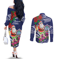 Guam Christmas Couples Matching Off The Shoulder Long Sleeve Dress and Long Sleeve Button Shirt Poinsettia With Bougainvillea - Felis Pasgua! LT14 - Polynesian Pride