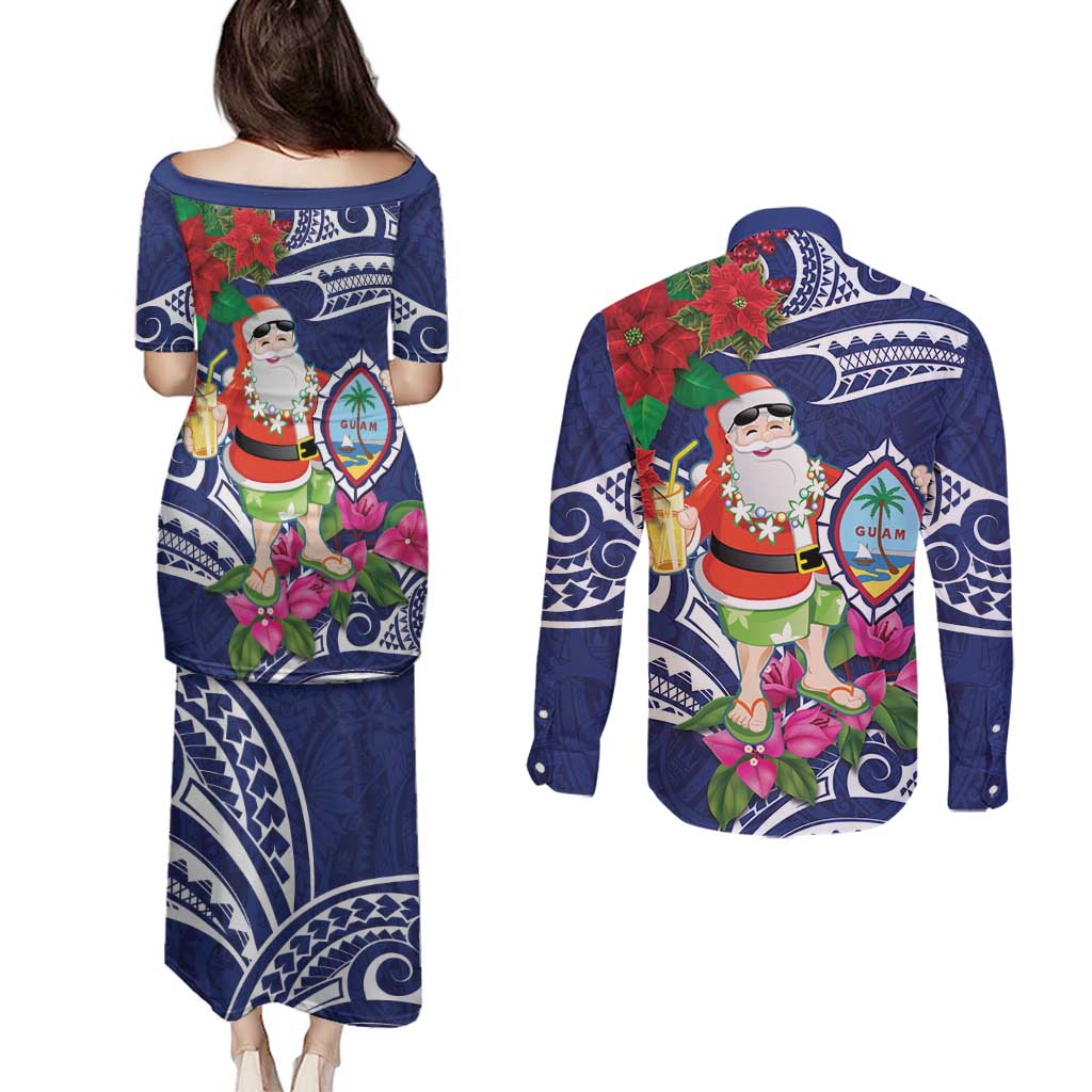 Guam Christmas Couples Matching Puletasi and Long Sleeve Button Shirt Poinsettia With Bougainvillea - Felis Pasgua! LT14 - Polynesian Pride