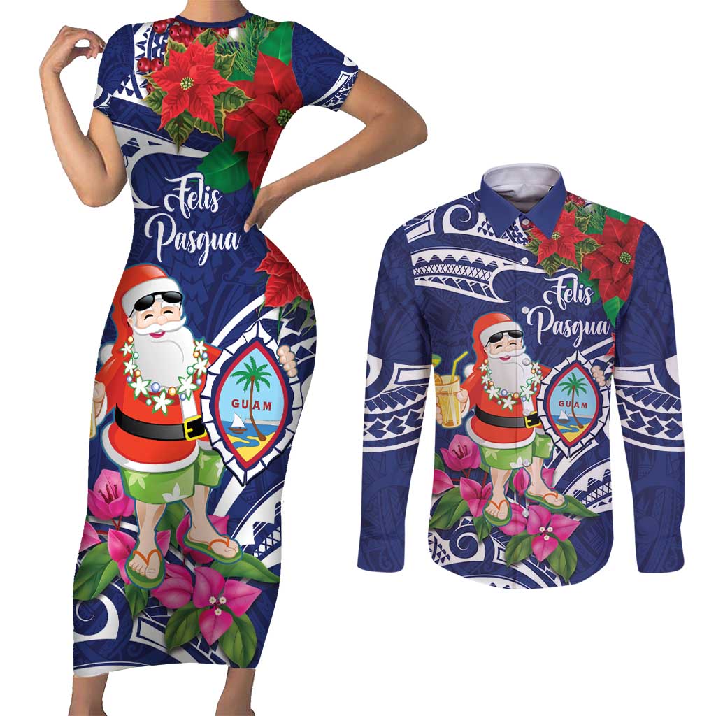 Guam Christmas Couples Matching Short Sleeve Bodycon Dress and Long Sleeve Button Shirt Poinsettia With Bougainvillea - Felis Pasgua! LT14 Blue - Polynesian Pride