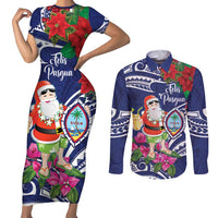 Guam Christmas Couples Matching Short Sleeve Bodycon Dress and Long Sleeve Button Shirt Poinsettia With Bougainvillea - Felis Pasgua! LT14 Blue - Polynesian Pride