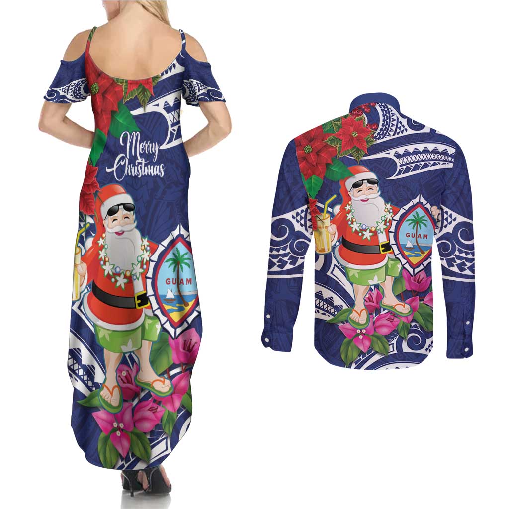 Guam Christmas Couples Matching Summer Maxi Dress and Long Sleeve Button Shirt Poinsettia With Bougainvillea - Felis Pasgua! LT14 - Polynesian Pride