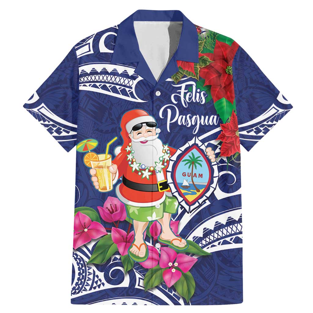 Guam Christmas Family Matching Mermaid Dress and Hawaiian Shirt Poinsettia With Bougainvillea - Felis Pasgua! LT14 Dad's Shirt - Short Sleeve Blue - Polynesian Pride