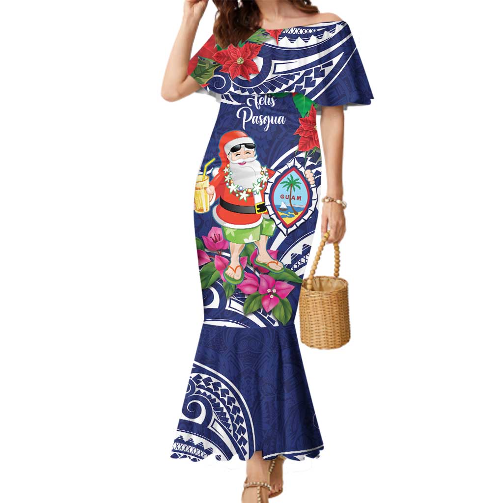 Guam Christmas Family Matching Mermaid Dress and Hawaiian Shirt Poinsettia With Bougainvillea - Felis Pasgua! LT14 Mom's Dress Blue - Polynesian Pride