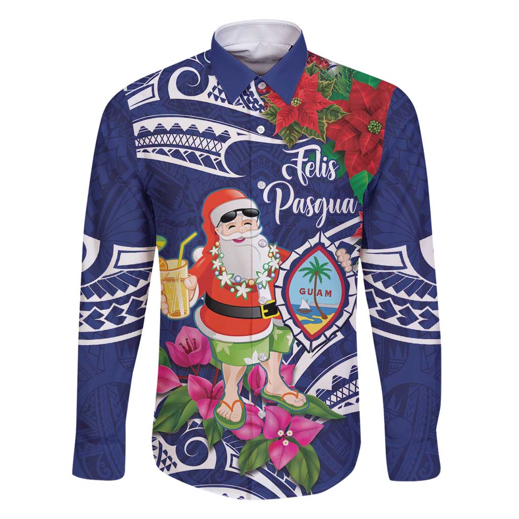 Guam Christmas Family Matching Off Shoulder Maxi Dress and Hawaiian Shirt Poinsettia With Bougainvillea - Felis Pasgua! LT14 Dad's Shirt - Long Sleeve Blue - Polynesian Pride
