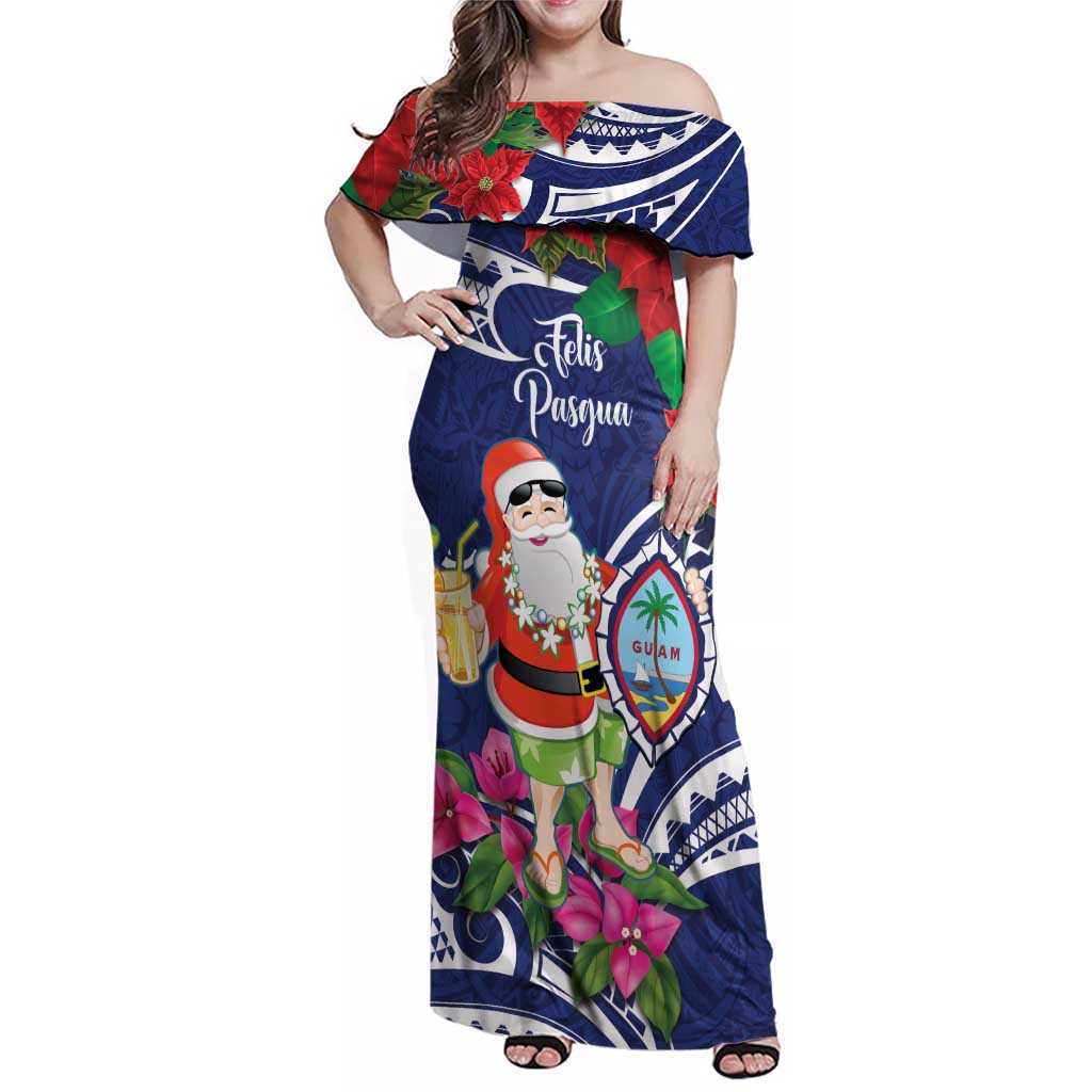 Guam Christmas Family Matching Off Shoulder Maxi Dress and Hawaiian Shirt Poinsettia With Bougainvillea - Felis Pasgua! LT14 Mom's Dress Blue - Polynesian Pride