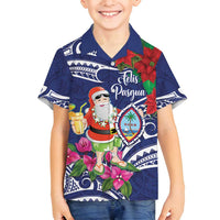 Guam Christmas Family Matching Off Shoulder Maxi Dress and Hawaiian Shirt Poinsettia With Bougainvillea - Felis Pasgua! LT14 Son's Shirt Blue - Polynesian Pride