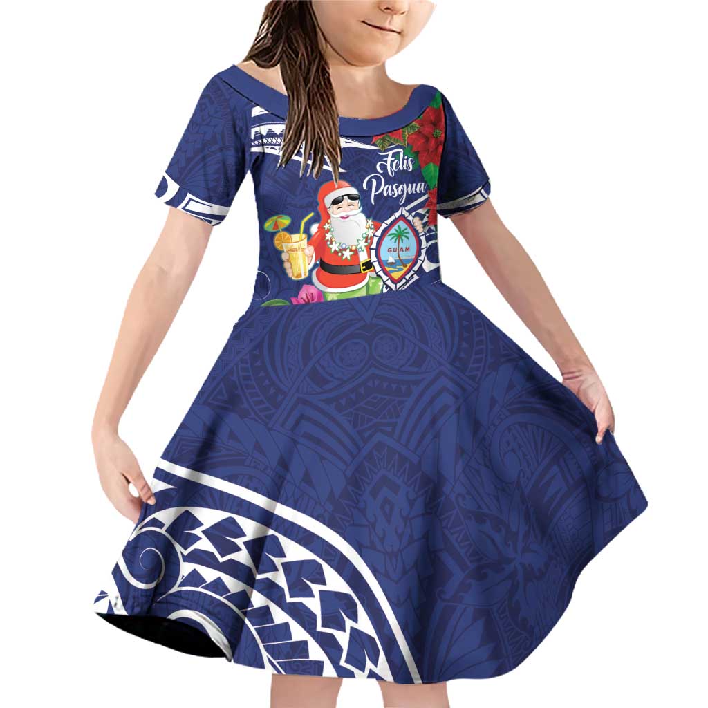 Guam Christmas Family Matching Off Shoulder Short Dress and Hawaiian Shirt Poinsettia With Bougainvillea - Felis Pasgua! LT14 Daughter's Dress Blue - Polynesian Pride