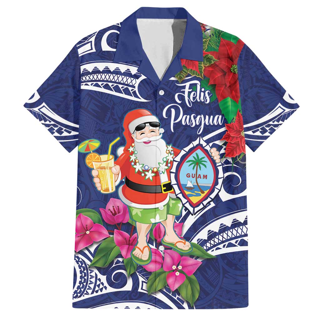 Guam Christmas Family Matching Puletasi and Hawaiian Shirt Poinsettia With Bougainvillea - Felis Pasgua! LT14 Dad's Shirt - Short Sleeve Blue - Polynesian Pride