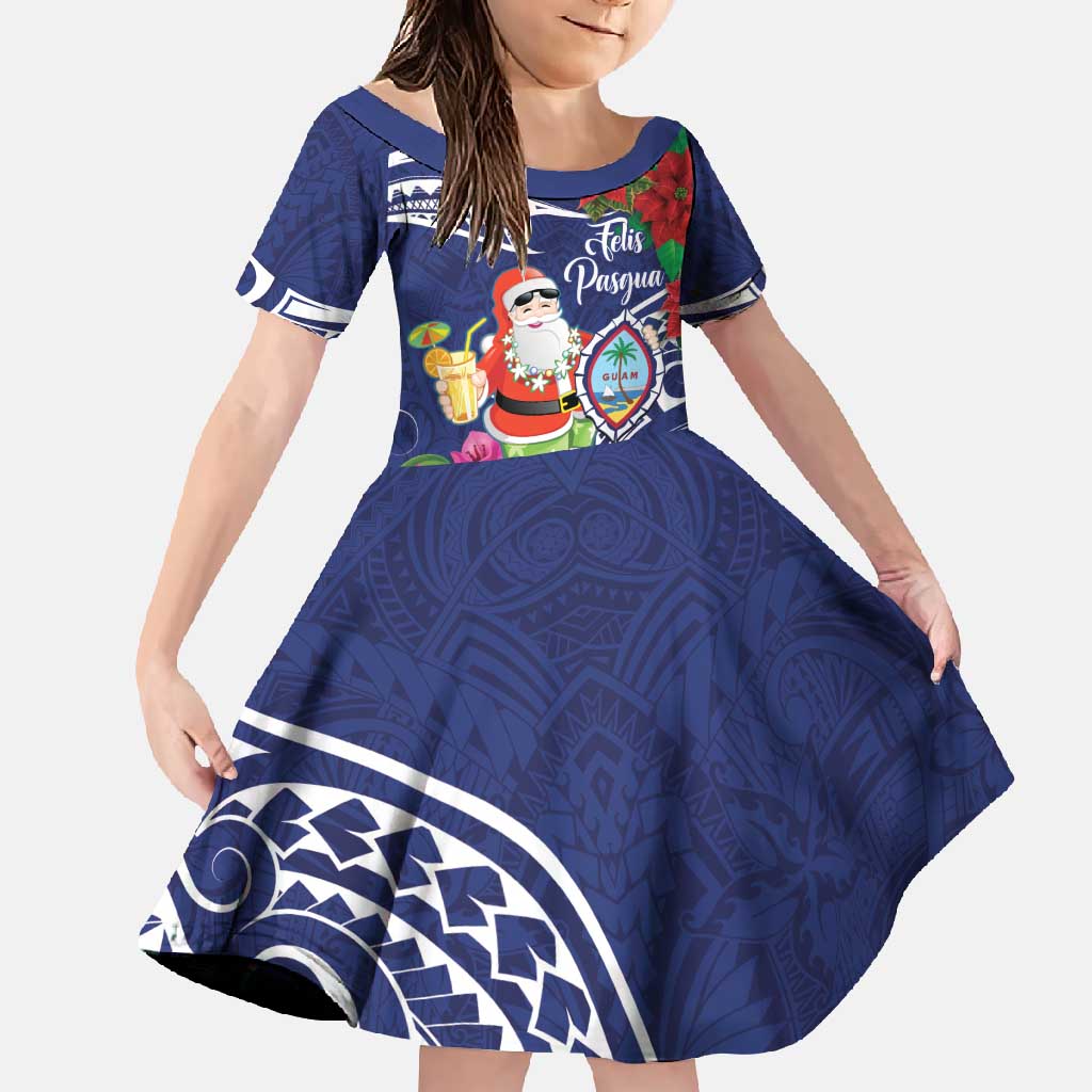 Guam Christmas Family Matching Summer Maxi Dress and Hawaiian Shirt Poinsettia With Bougainvillea - Felis Pasgua! LT14 Daughter's Dress Blue - Polynesian Pride