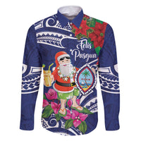 Guam Christmas Family Matching Tank Maxi Dress and Hawaiian Shirt Poinsettia With Bougainvillea - Felis Pasgua! LT14 Dad's Shirt - Long Sleeve Blue - Polynesian Pride