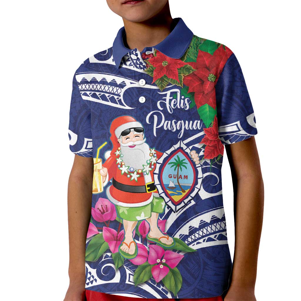 Guam Christmas Kid Polo Shirt Poinsettia With Bougainvillea - Felis Pasgua! LT14 Kid Blue - Polynesian Pride