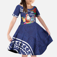 Guam Christmas Kid Short Sleeve Dress Poinsettia With Bougainvillea - Felis Pasgua! LT14 KID Blue - Polynesian Pride
