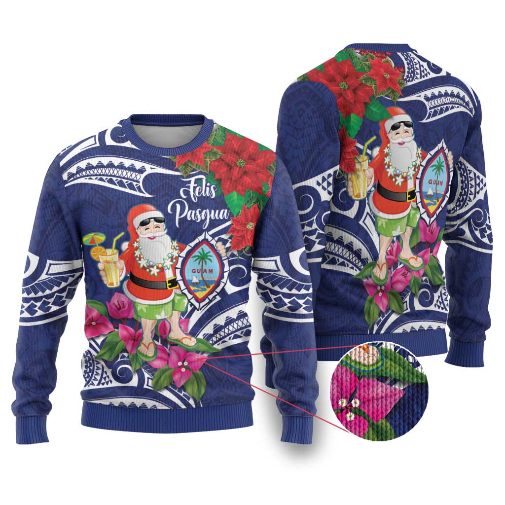 Guam Christmas Ugly Christmas Sweater Poinsettia With Bougainvillea - Felis Pasgua! LT14 Blue - Polynesian Pride