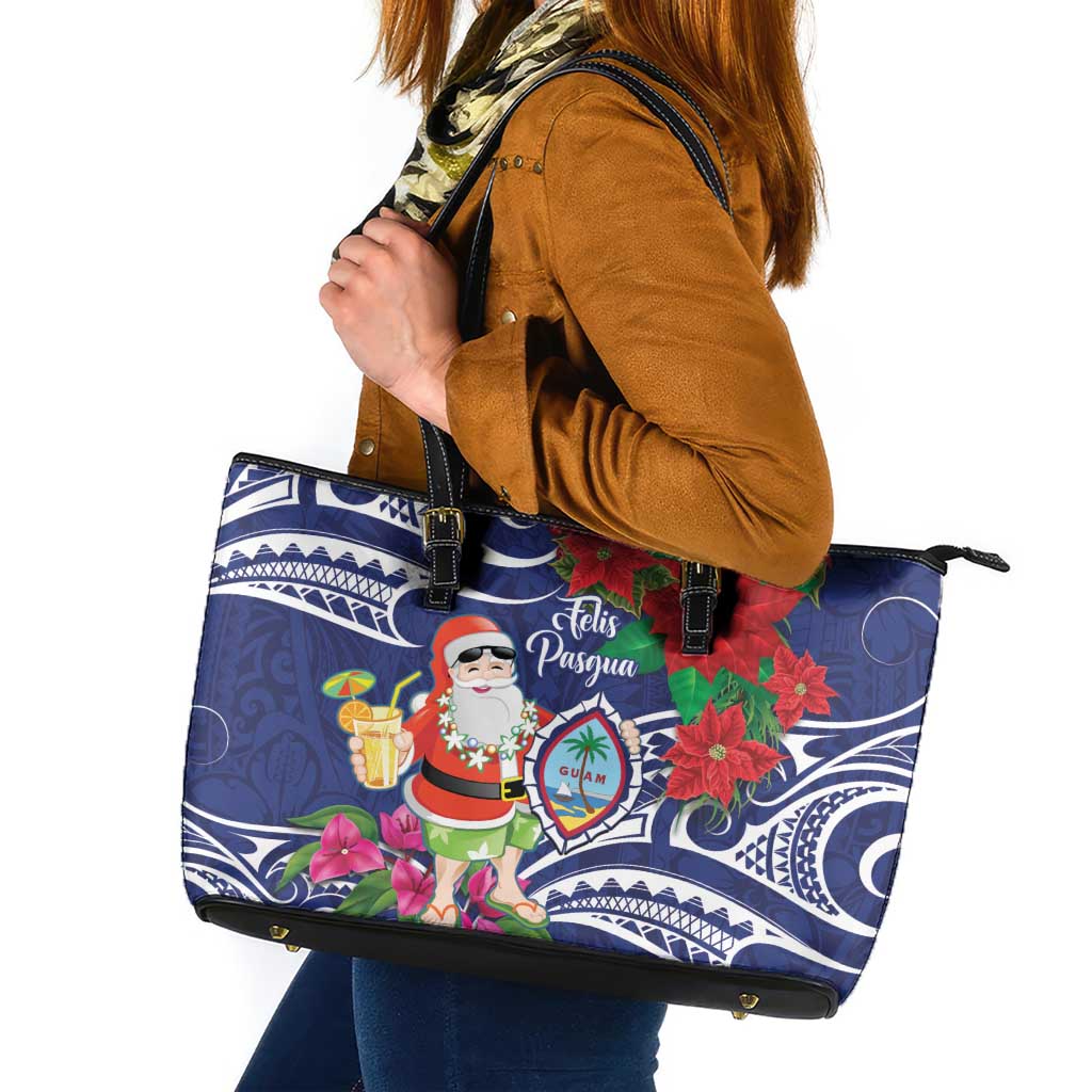 Guam Christmas Leather Tote Bag Poinsettia With Bougainvillea - Felis Pasgua! LT14 Blue - Polynesian Pride