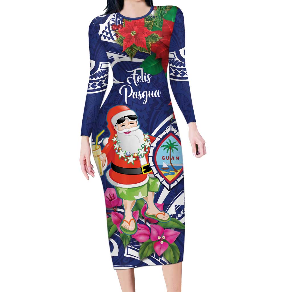 Guam Christmas Long Sleeve Bodycon Dress Poinsettia With Bougainvillea - Felis Pasgua! LT14 Long Dress Blue - Polynesian Pride