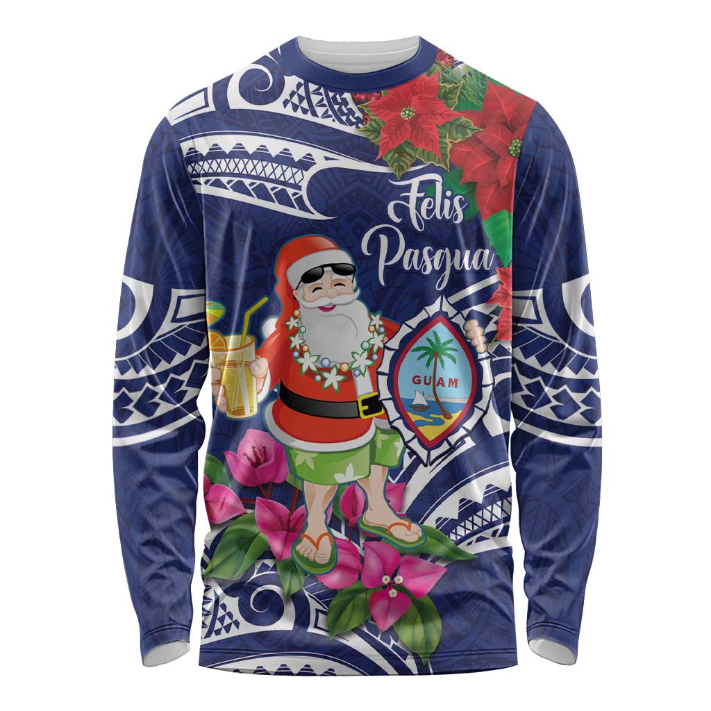 Guam Christmas Long Sleeve Shirt Poinsettia With Bougainvillea - Felis Pasgua! LT14 Unisex Blue - Polynesian Pride