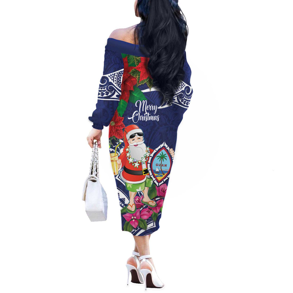 Guam Christmas Off The Shoulder Long Sleeve Dress Poinsettia With Bougainvillea - Felis Pasgua! LT14 - Polynesian Pride