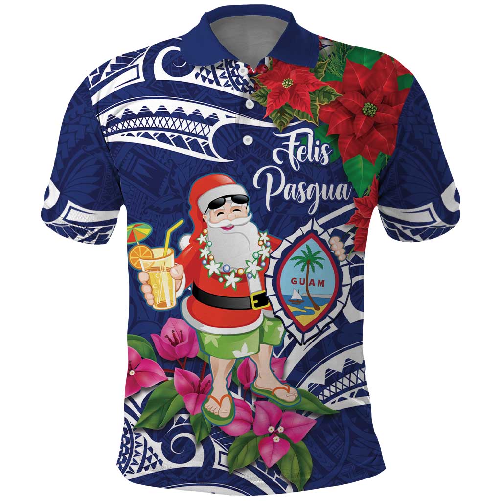 Guam Christmas Polo Shirt Poinsettia With Bougainvillea - Felis Pasgua! LT14 Blue - Polynesian Pride