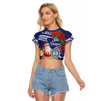 Guam Christmas Raglan Cropped T Shirt Poinsettia With Bougainvillea - Felis Pasgua! LT14 Female Blue - Polynesian Pride