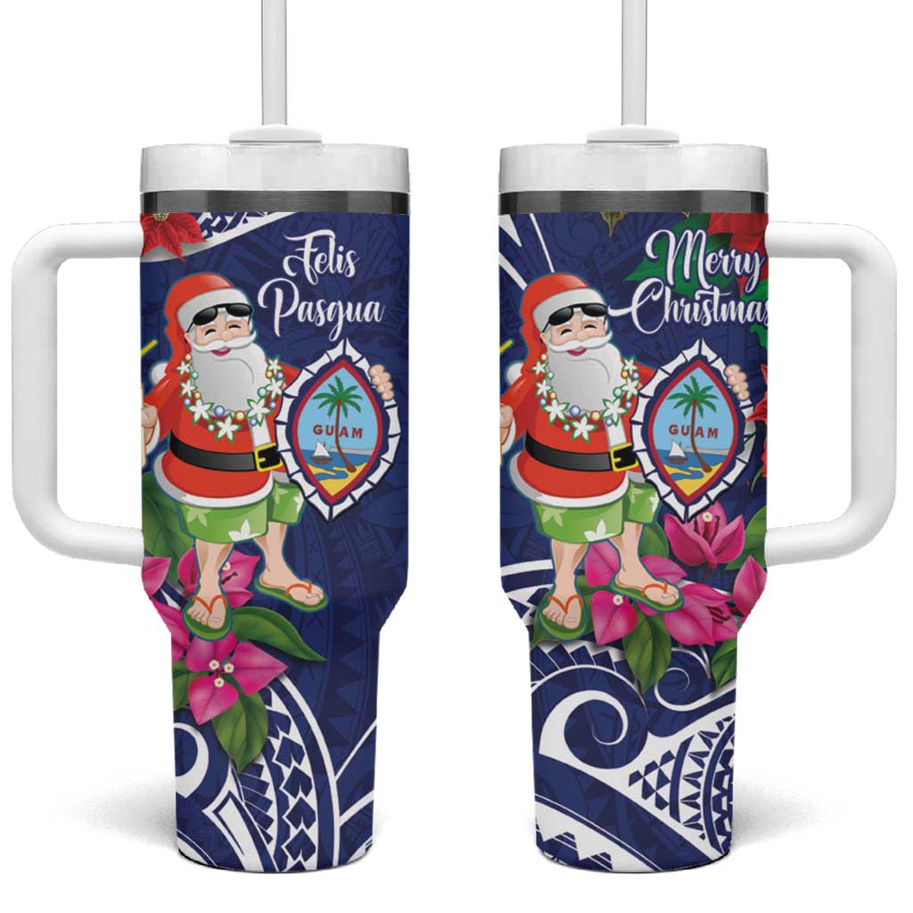 Guam Christmas Tumbler With Handle Poinsettia With Bougainvillea - Felis Pasgua! LT14 One Size: 40 oz Blue - Polynesian Pride