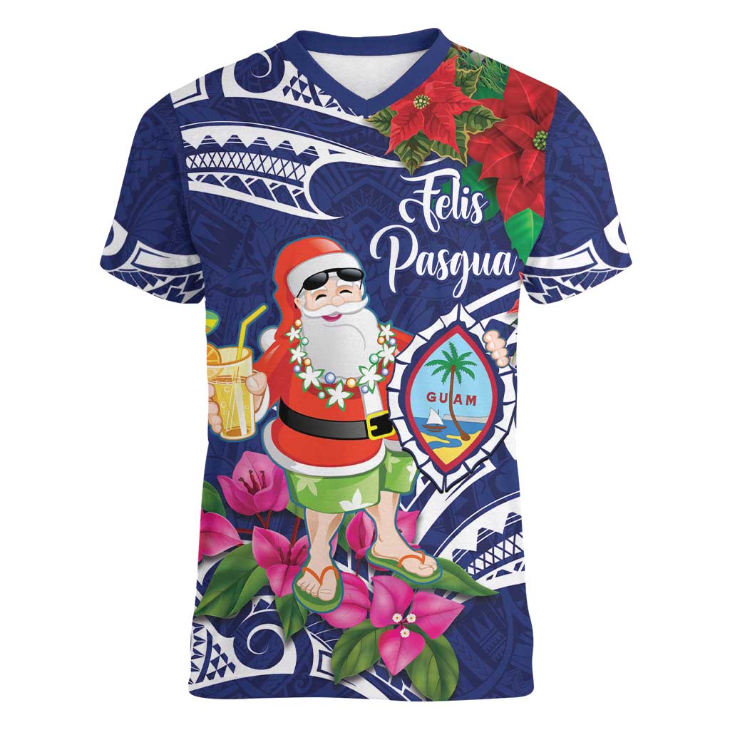 Guam Christmas Women V-Neck T-Shirt Poinsettia With Bougainvillea - Felis Pasgua! LT14 Female Blue - Polynesian Pride